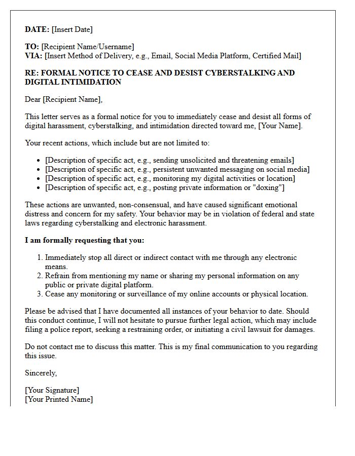 Cyberstalking and Digital Intimidation Warning Letter