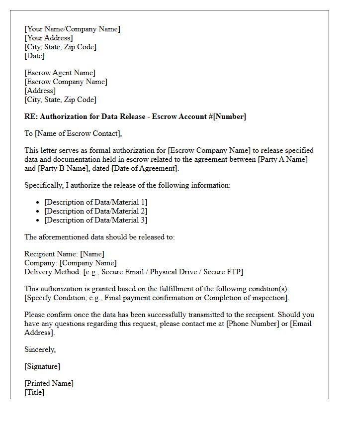 Escrow Agent Authorization Letter for Data Release