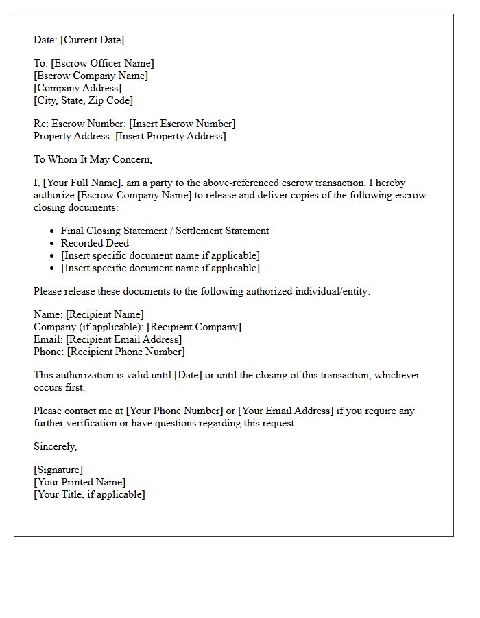 Letter Authorizing Release of Escrow Closing Documents