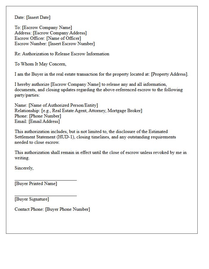 Buyer Letter of Authorization to Release Escrow Information