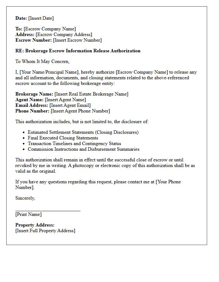 Brokerage Escrow Information Release Authorization Letter