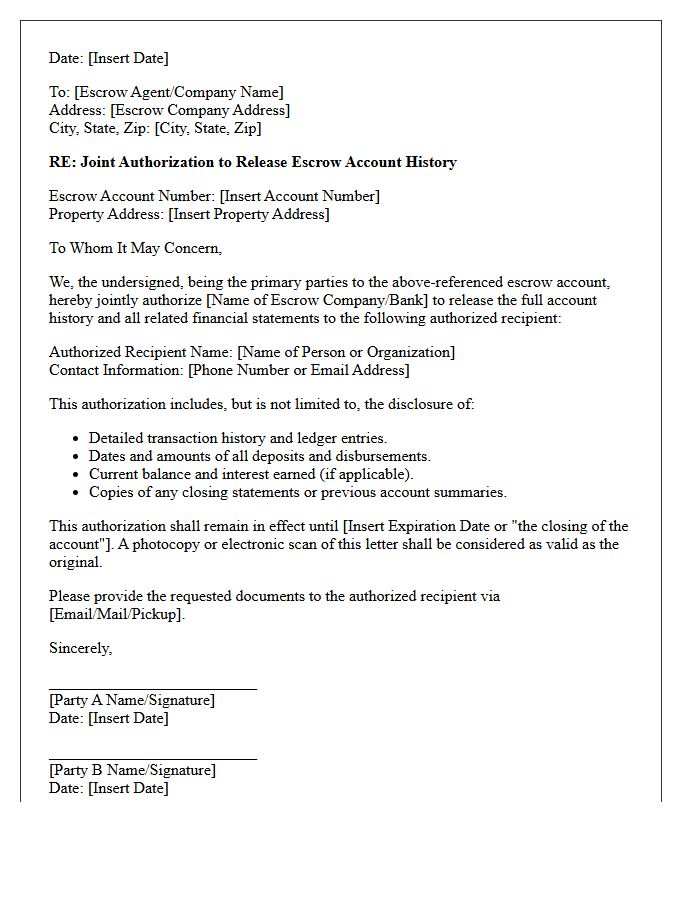 Joint Authorization Letter to Release Escrow Account History