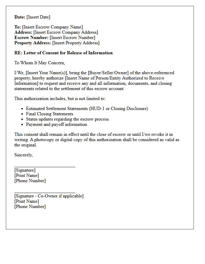 Letter of Consent for Escrow Settlement Information Release