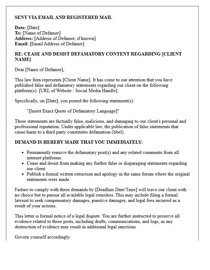 Law Firm Cease and Desist Letter for Internet Defamation