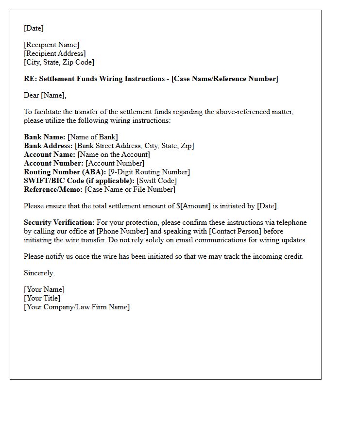 Settlement Funds Wiring Instructions Letter