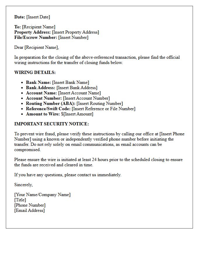 Closing Funds Wiring Instructions Letter