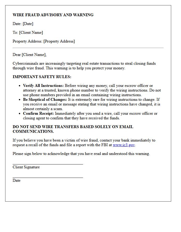 Real Estate Transaction Wire Fraud Warning Letter