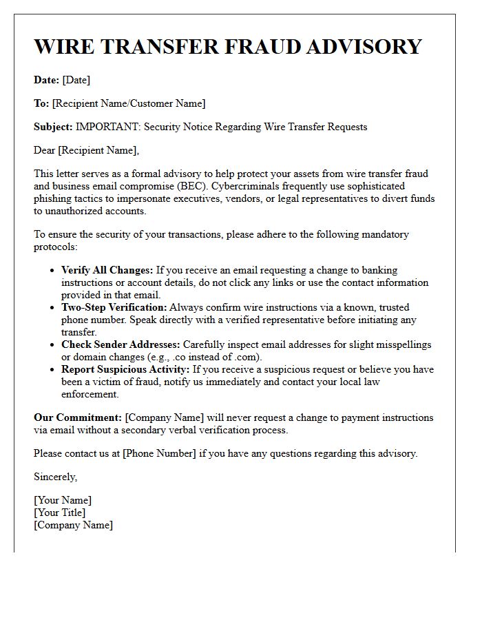 Wire Transfer Fraud Advisory Letter