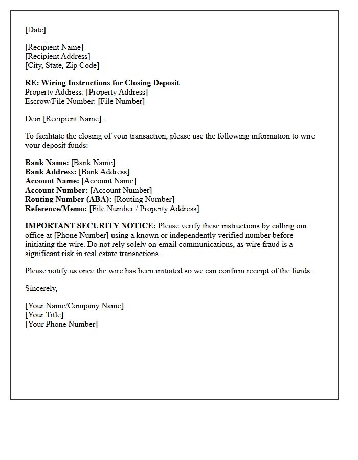 Closing Deposit Wiring Instructions Letter