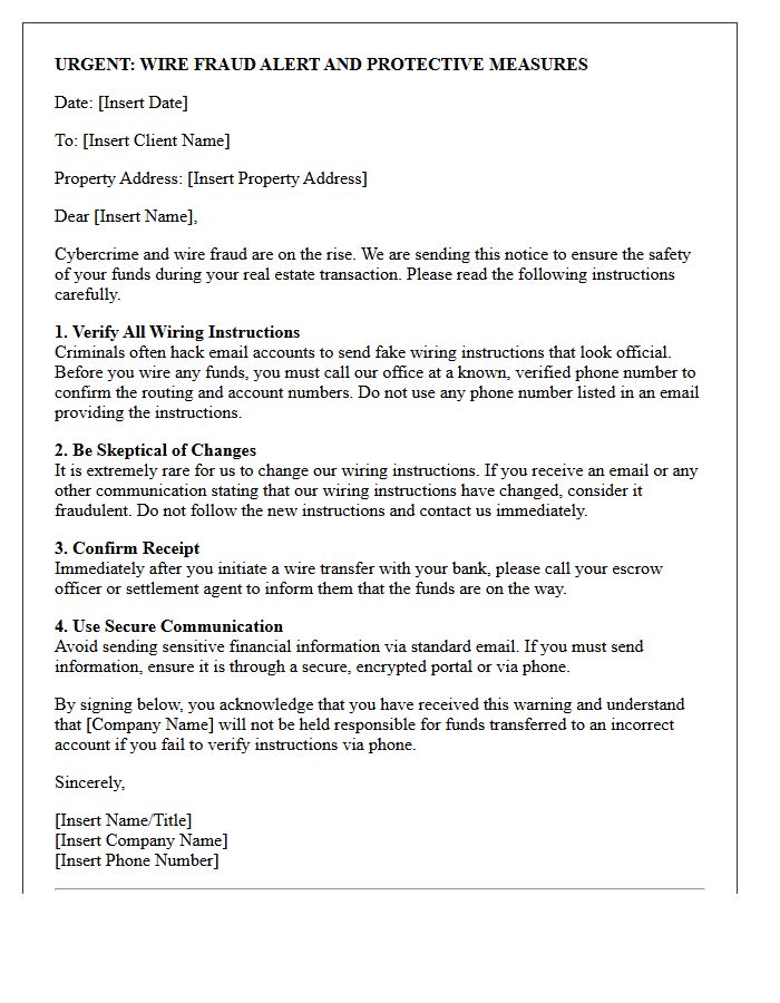 Real Estate Settlement Fraud Warning Letter