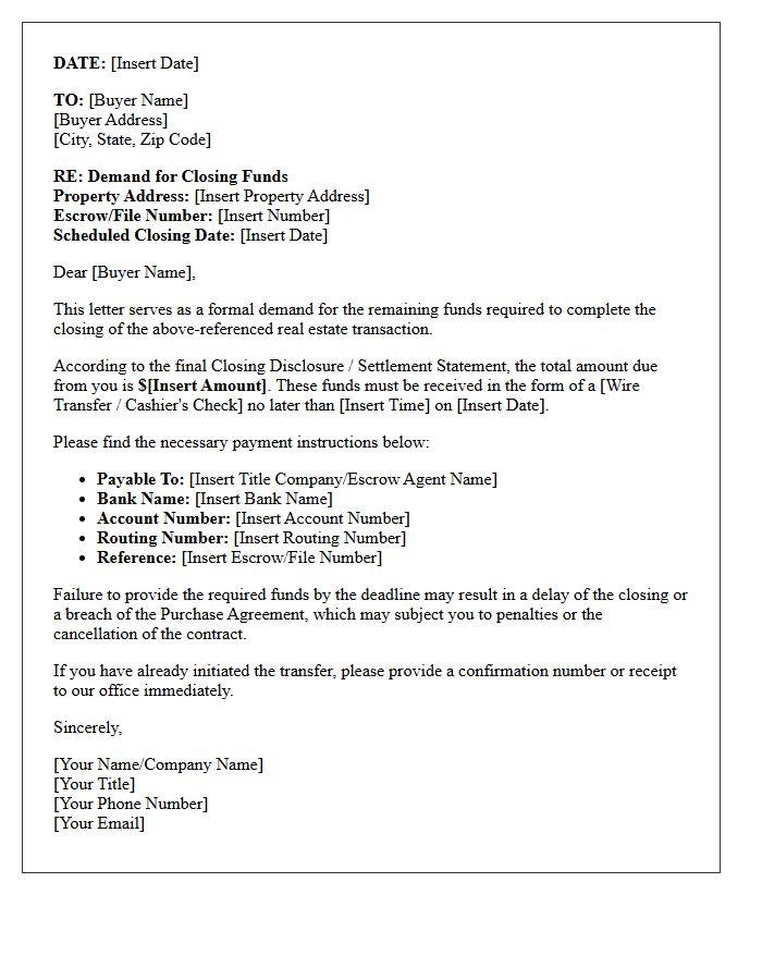 Standard Demand for Closing Funds Letter