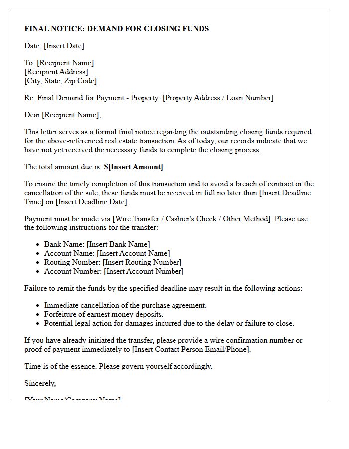Final Notice Demand for Closing Funds Letter