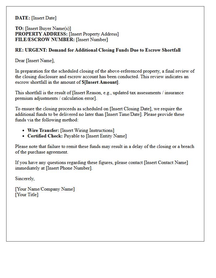 Escrow Shortfall Demand for Closing Funds Letter