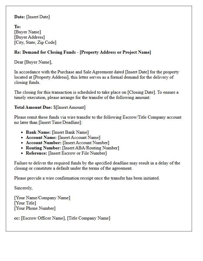Commercial Real Estate Demand for Closing Funds Letter
