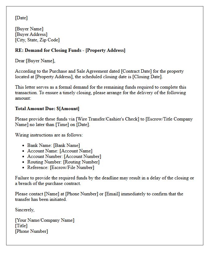 Residential Property Demand for Closing Funds Letter
