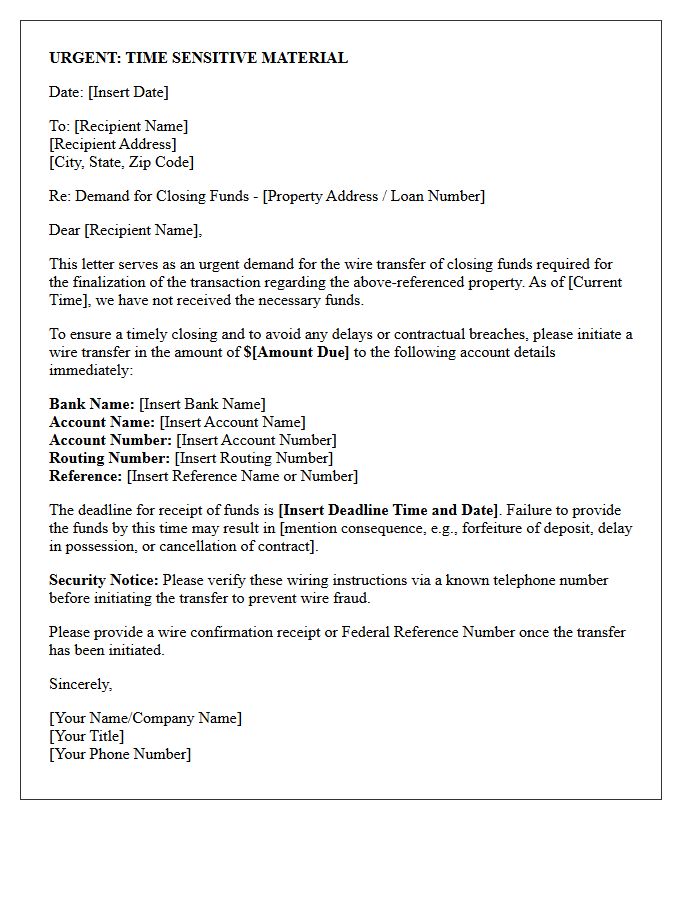 Urgent Wire Transfer Demand for Closing Funds Letter