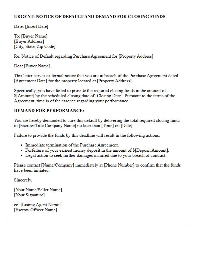 Buyer Default Warning Demand for Closing Funds Letter