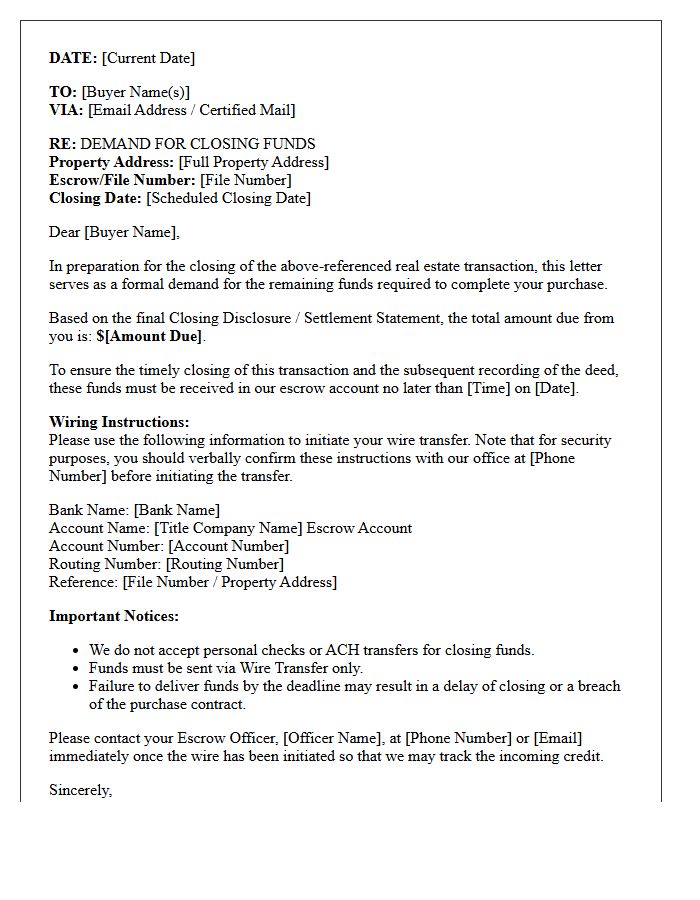 Title Company Demand for Closing Funds Letter
