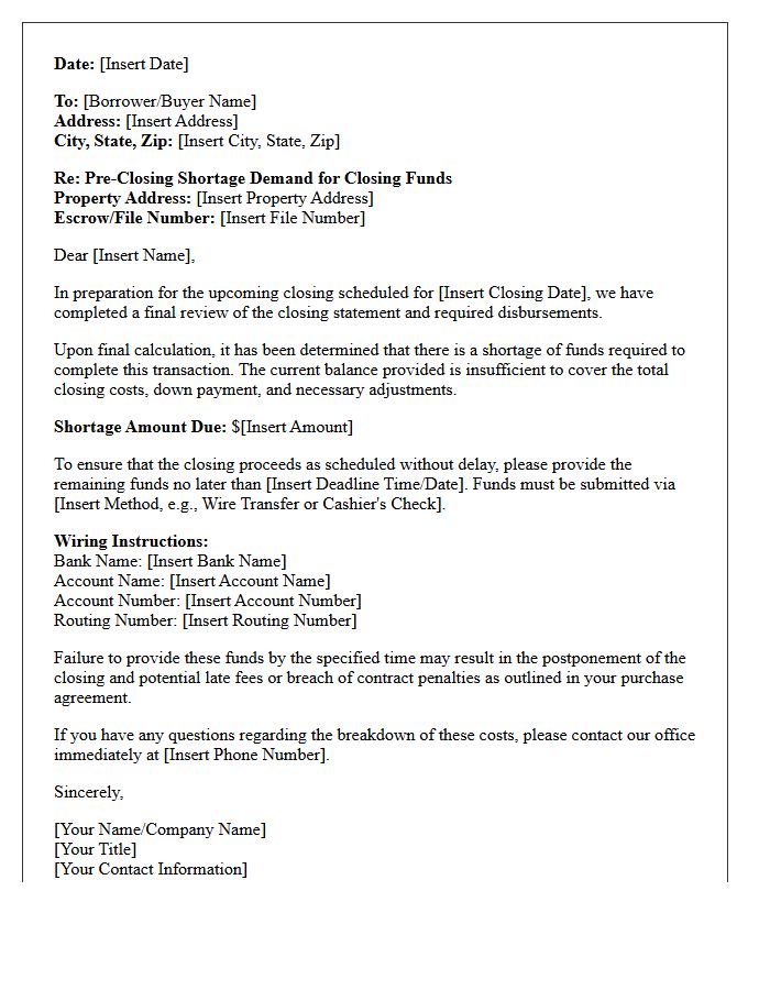 Pre-Closing Shortage Demand for Closing Funds Letter