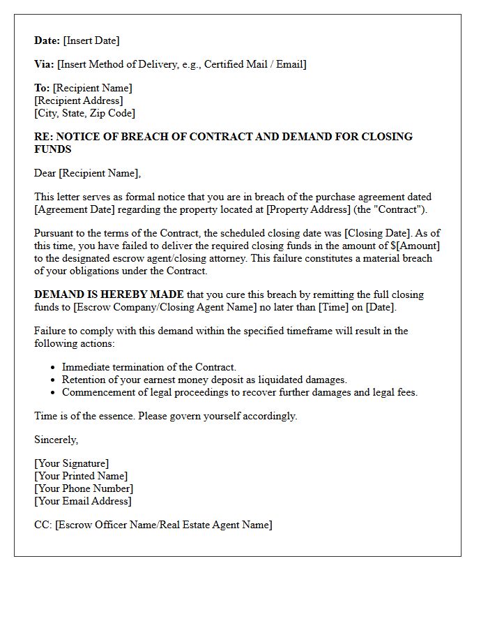 Breach of Contract Demand for Closing Funds Letter