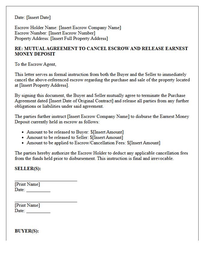 Mutual Agreement Escrow Cancellation and Earnest Money Release Letter