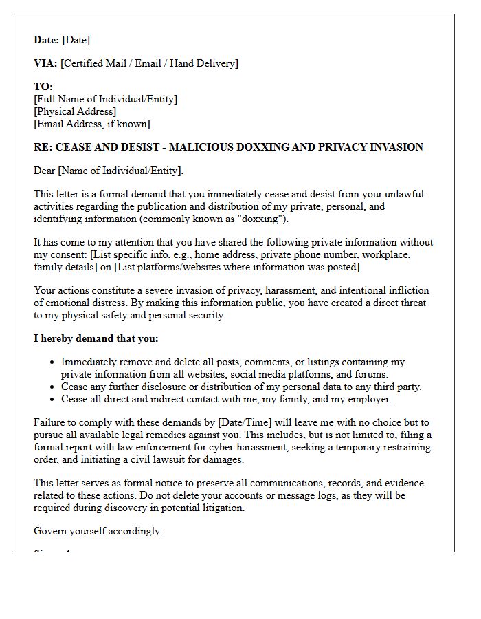 Malicious Doxxing and Privacy Invasion Cease and Desist Letter