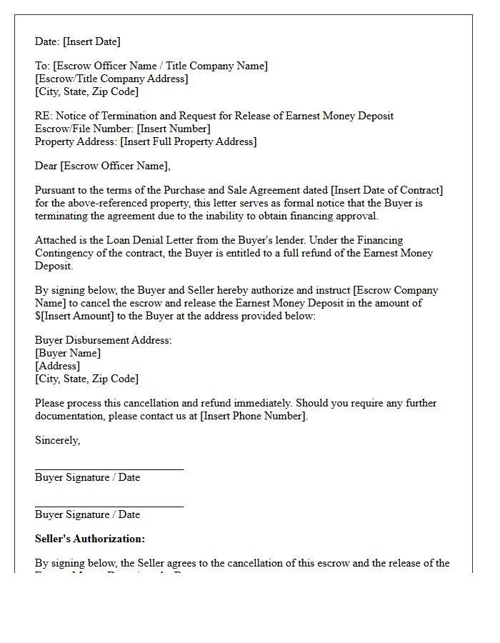 Denied Financing Escrow Cancellation and Earnest Money Release Letter