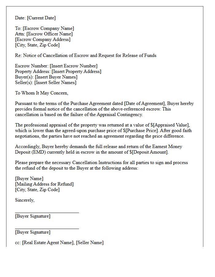 Low Appraisal Escrow Cancellation and Escrow Funds Release Letter