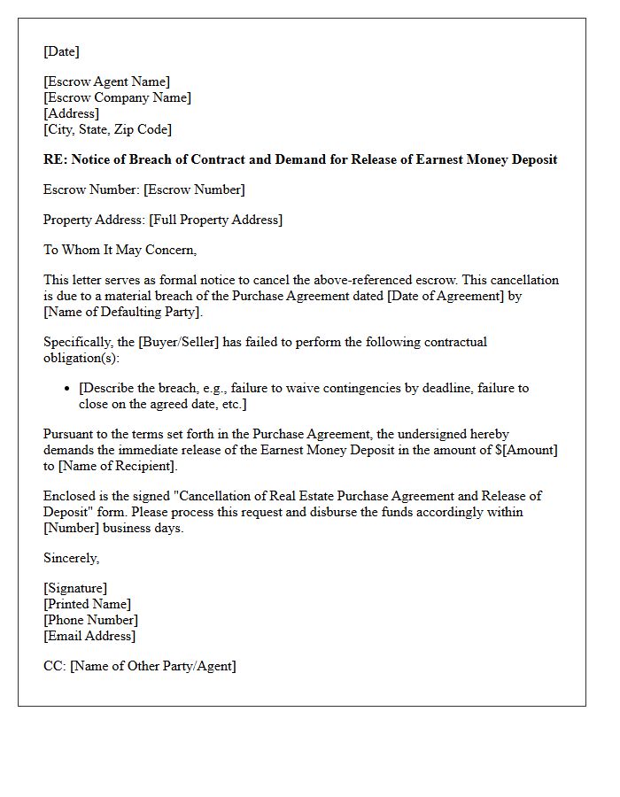 Breach of Contract Escrow Cancellation and Earnest Deposit Release Letter