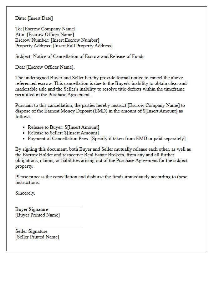 Unresolved Title Issue Escrow Cancellation and Escrow Release Letter