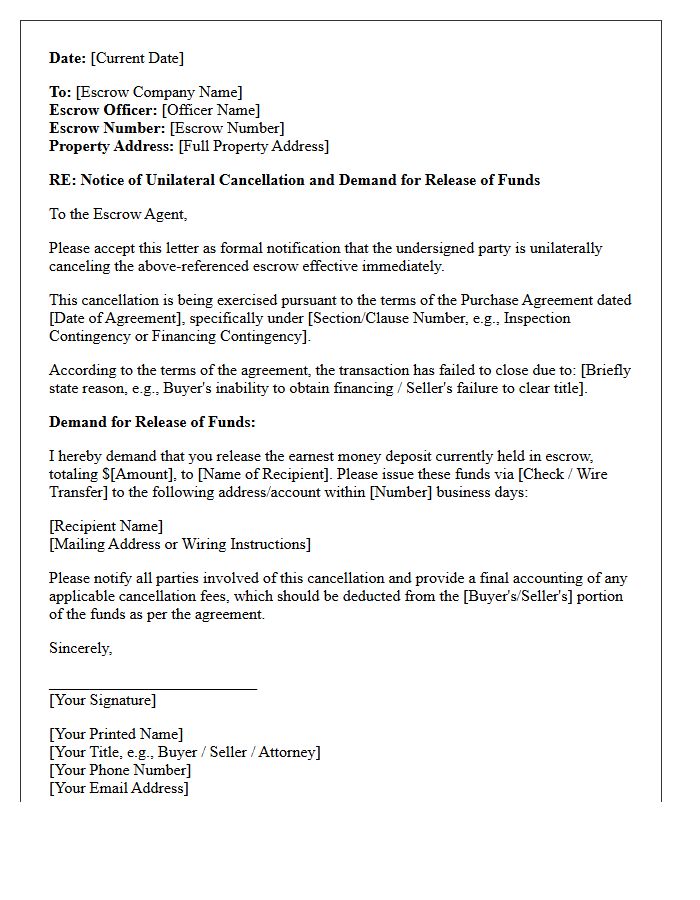 Unilateral Escrow Cancellation and Demand for Funds Release Letter