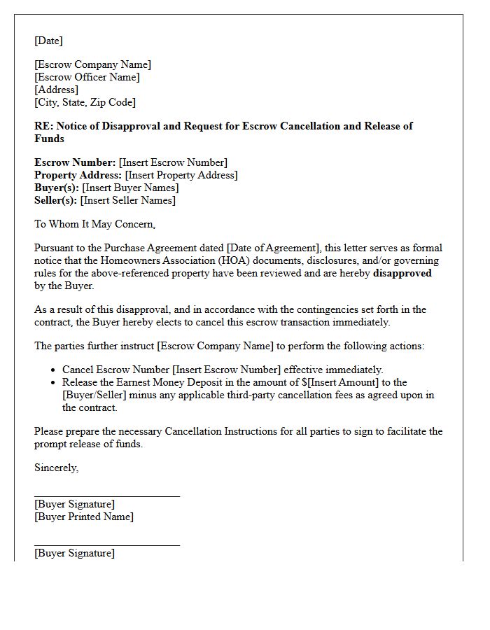 Homeowners Association Disapproval Escrow Cancellation and Release Letter