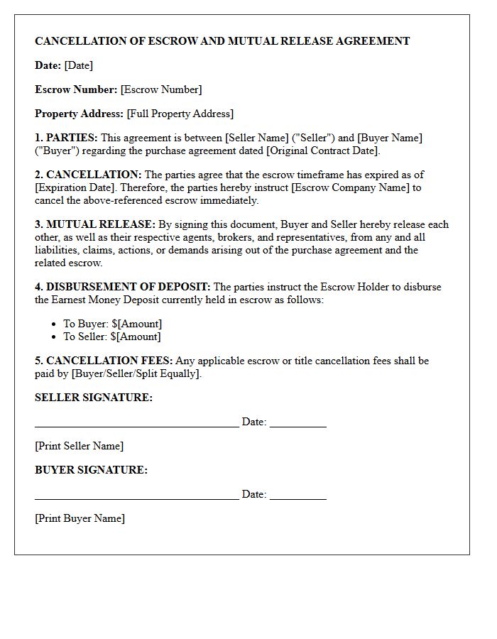 Expired Escrow Timeframe Cancellation and Mutual Release Letter