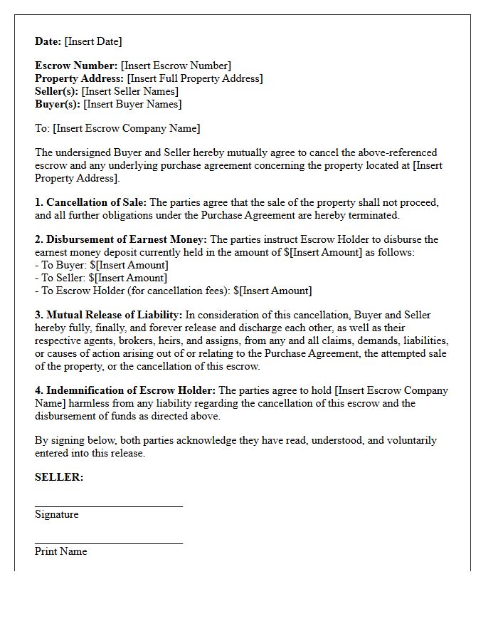 Failed Sale Escrow Cancellation and Complete Liability Release Letter