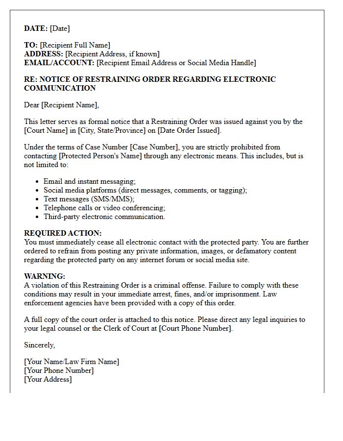Electronic Communication Restraining Order Notice Letter