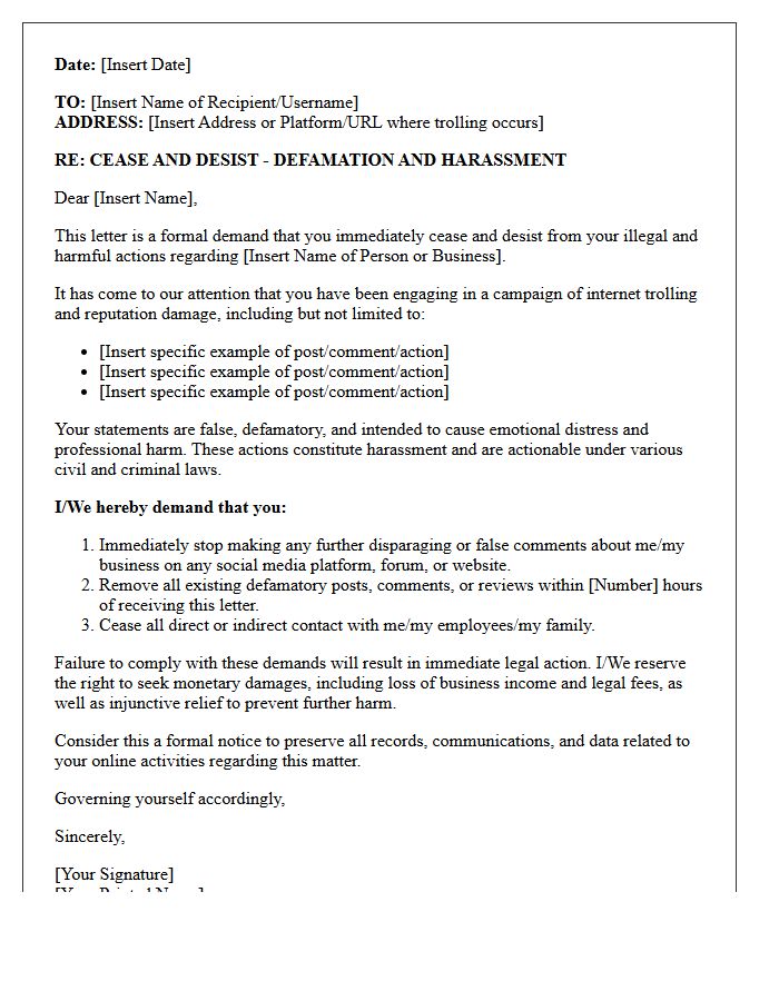 Internet Trolling and Reputation Damage Cease and Desist Letter