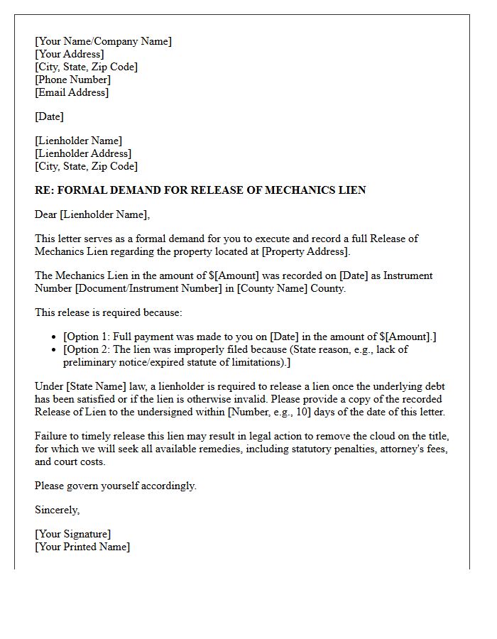 Initial Demand Letter for Mechanics Lien Release