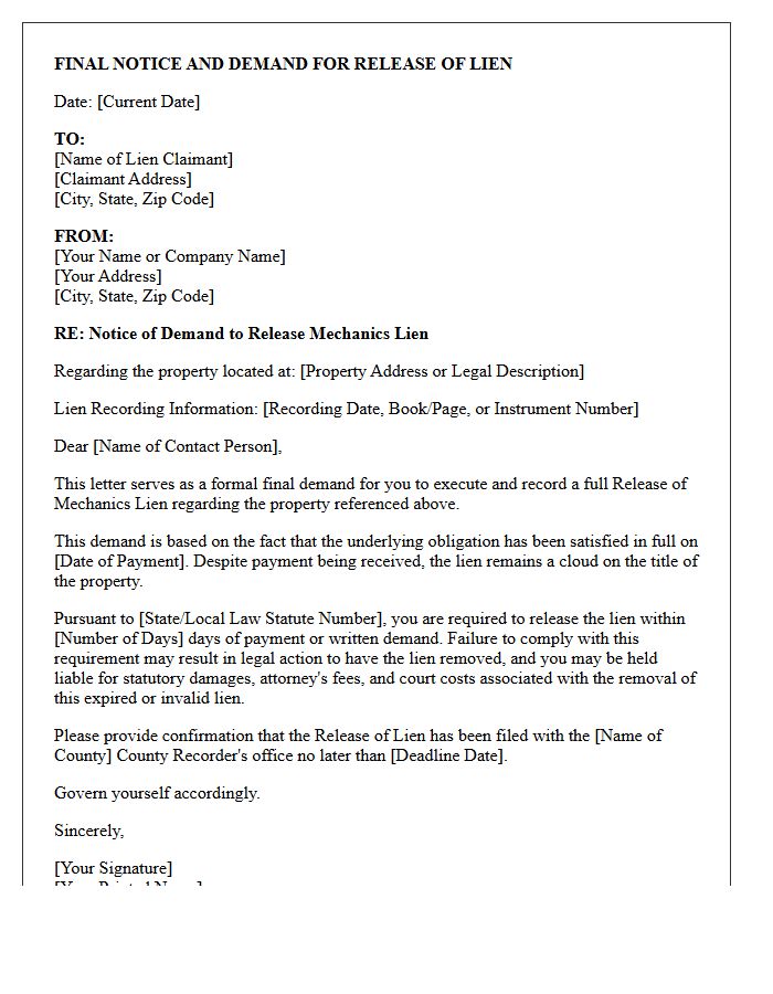 Final Notice Demand Letter for Mechanics Lien Release