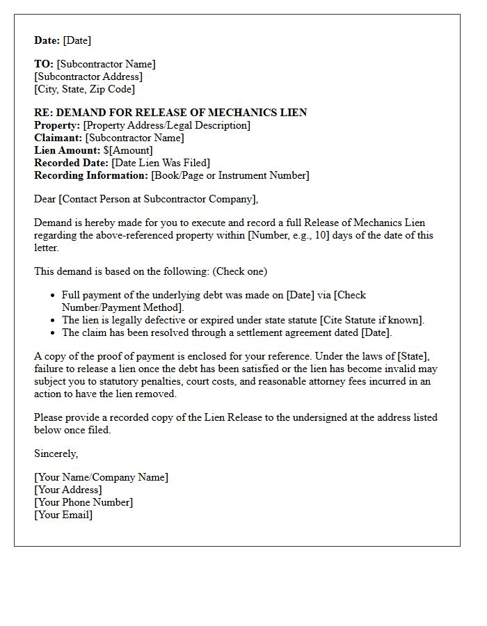 Subcontractor Mechanics Lien Release Demand Letter