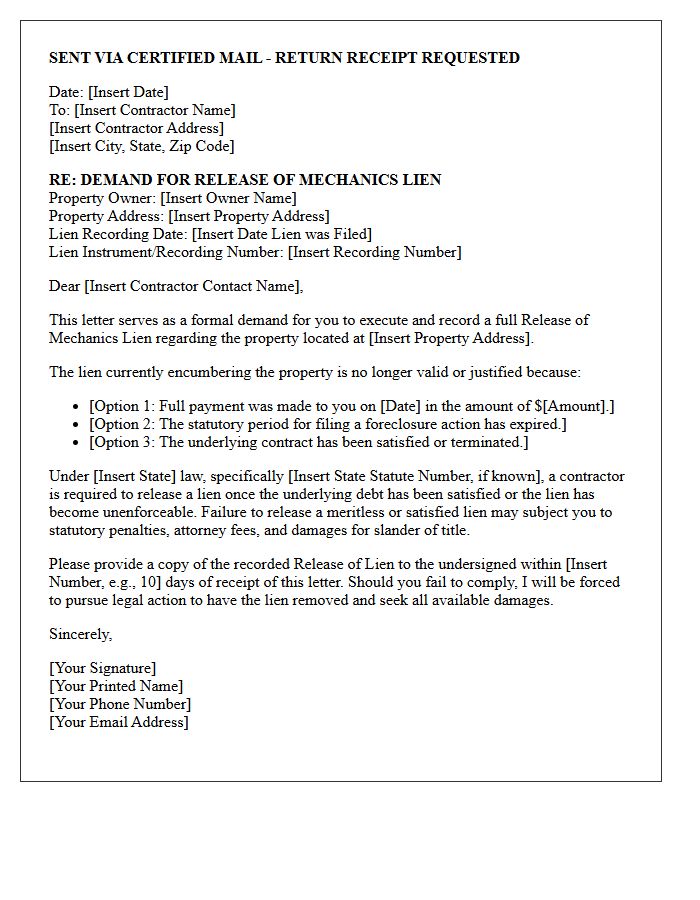 General Contractor Mechanics Lien Release Demand Letter
