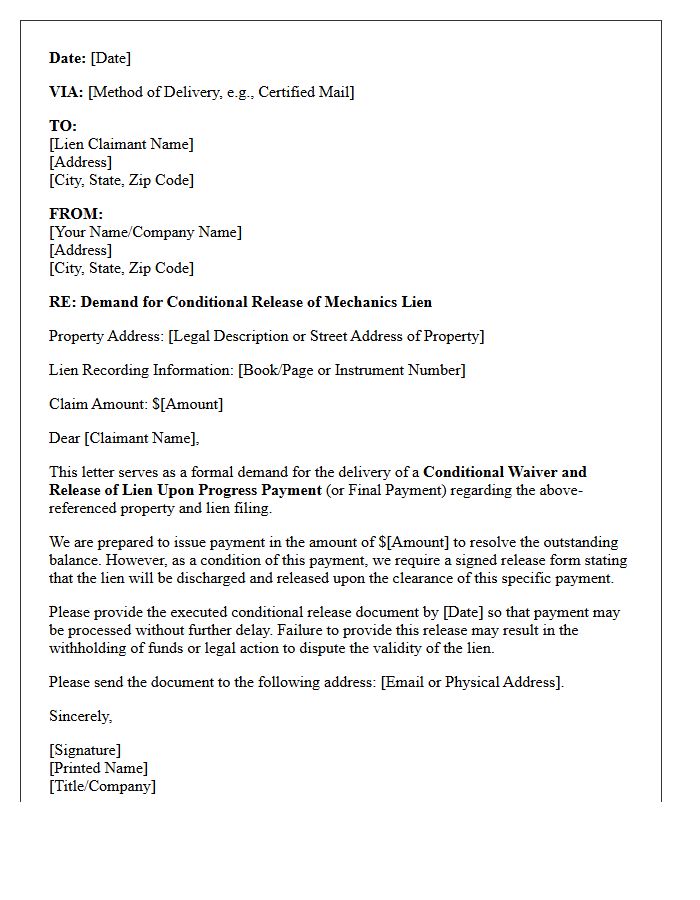 Conditional Mechanics Lien Release Demand Letter