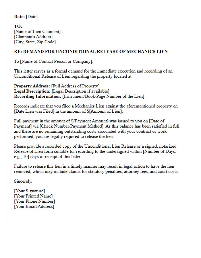 Unconditional Mechanics Lien Release Demand Letter