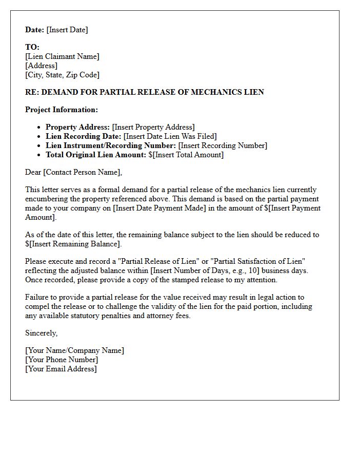 Partial Payment Mechanics Lien Release Demand Letter