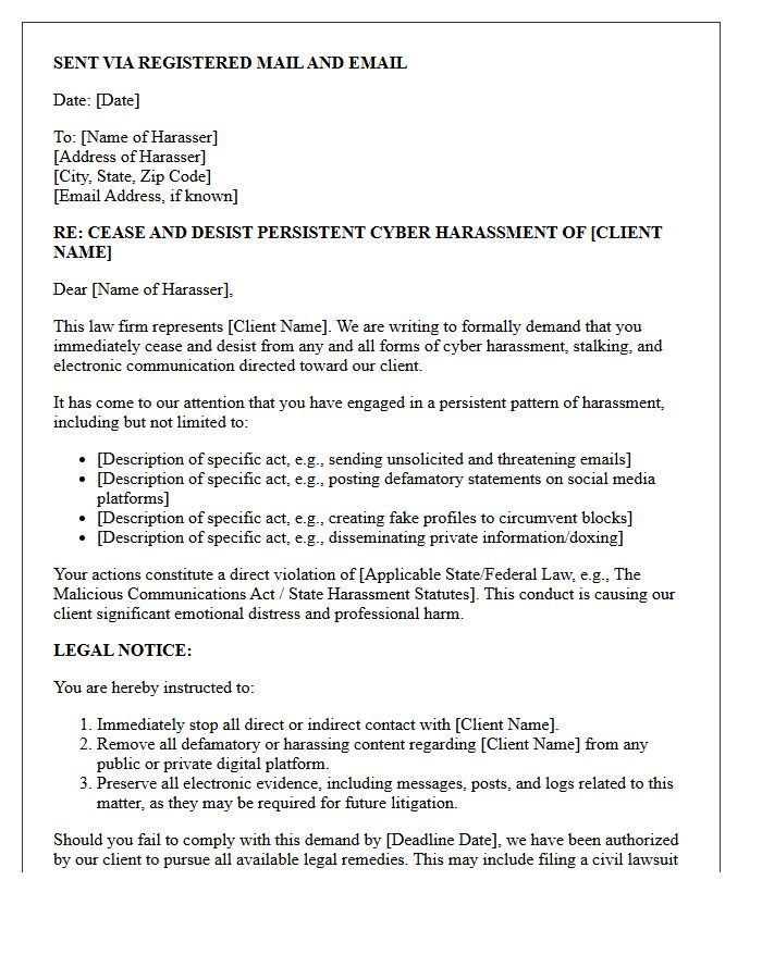 Legal Counsel Warning Letter for Persistent Cyber Harassment