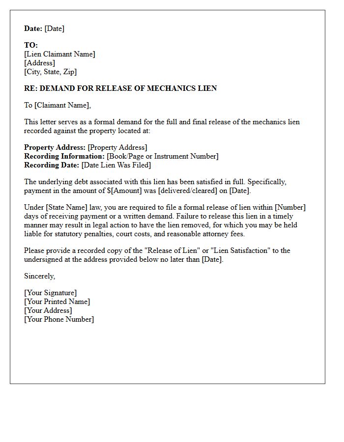Full and Final Mechanics Lien Release Demand Letter