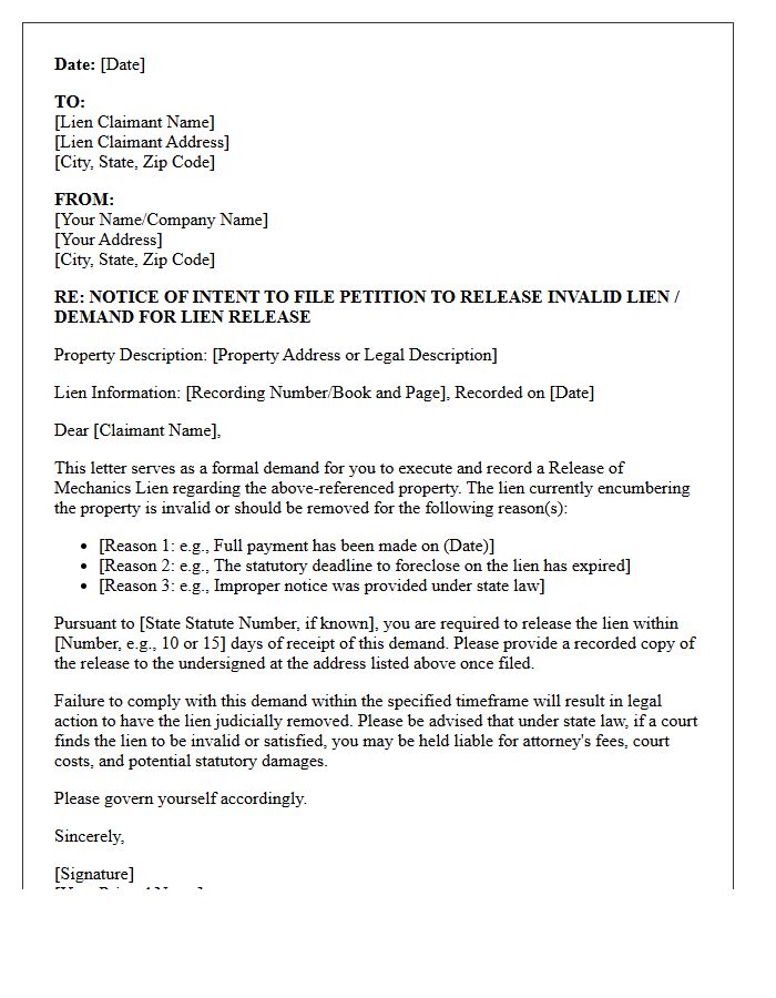 Notice of Intent Mechanics Lien Release Demand Letter