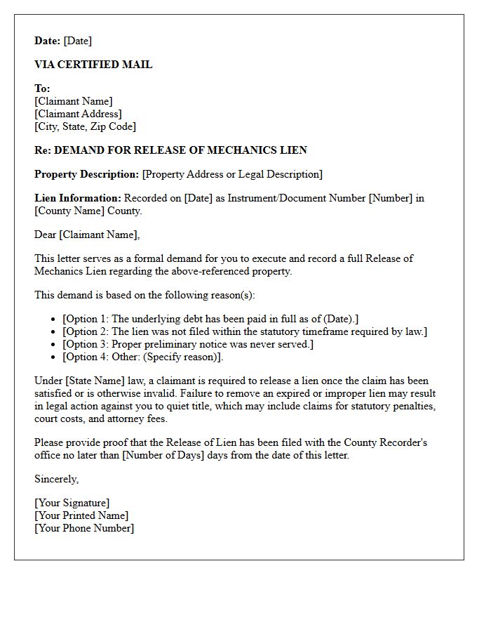 Property Owner Mechanics Lien Release Demand Letter