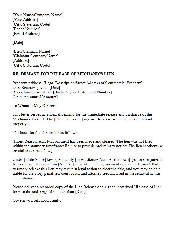 Commercial Real Estate Mechanics Lien Release Demand Letter
