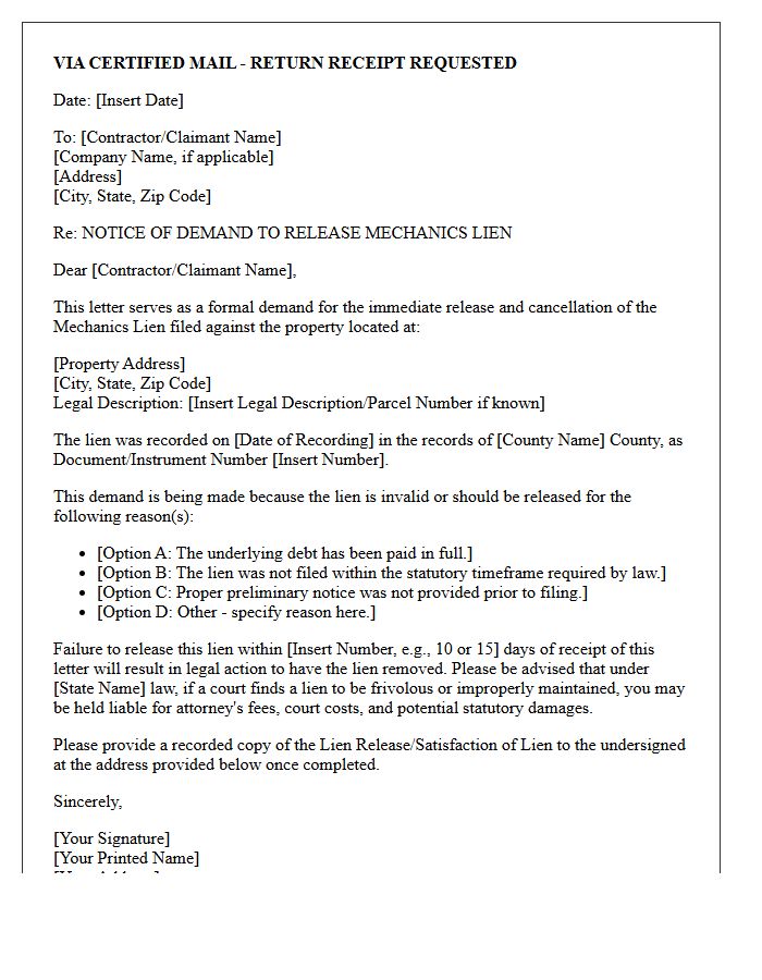 Residential Real Estate Mechanics Lien Release Demand Letter