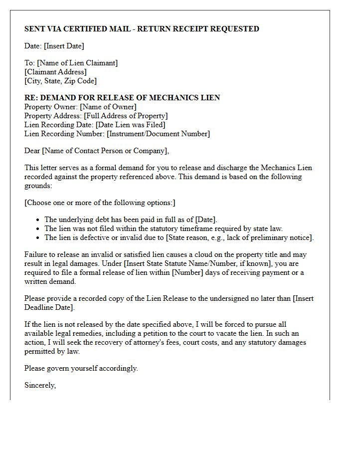 Pre-Litigation Mechanics Lien Release Demand Letter